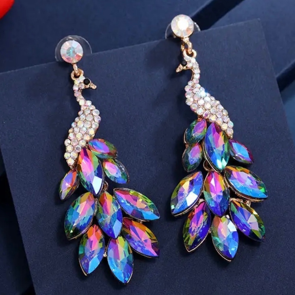 Peacock Statement Dangle Earrings Sparkly Rhinestone Glam I NWT